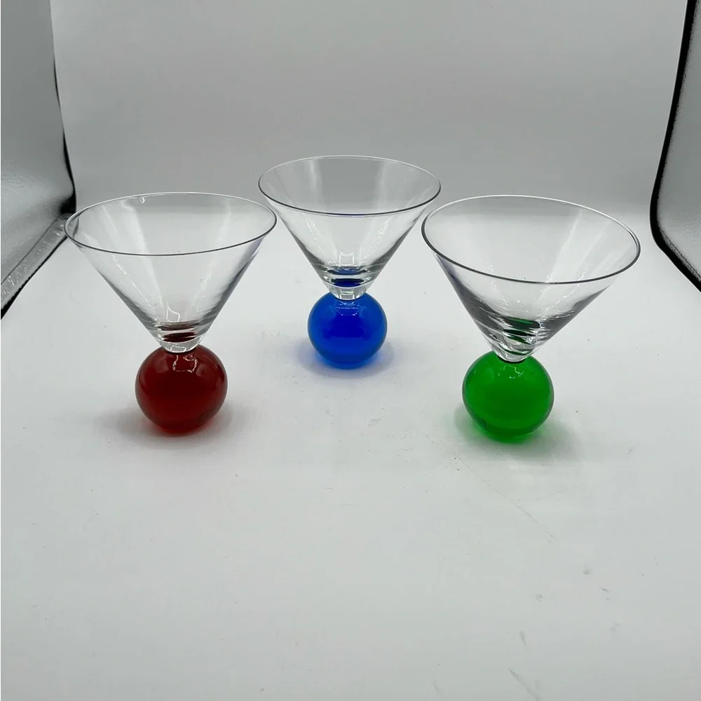 Set of 3 Cocktail Glasses with Red, Blue, and Green Ball Bases